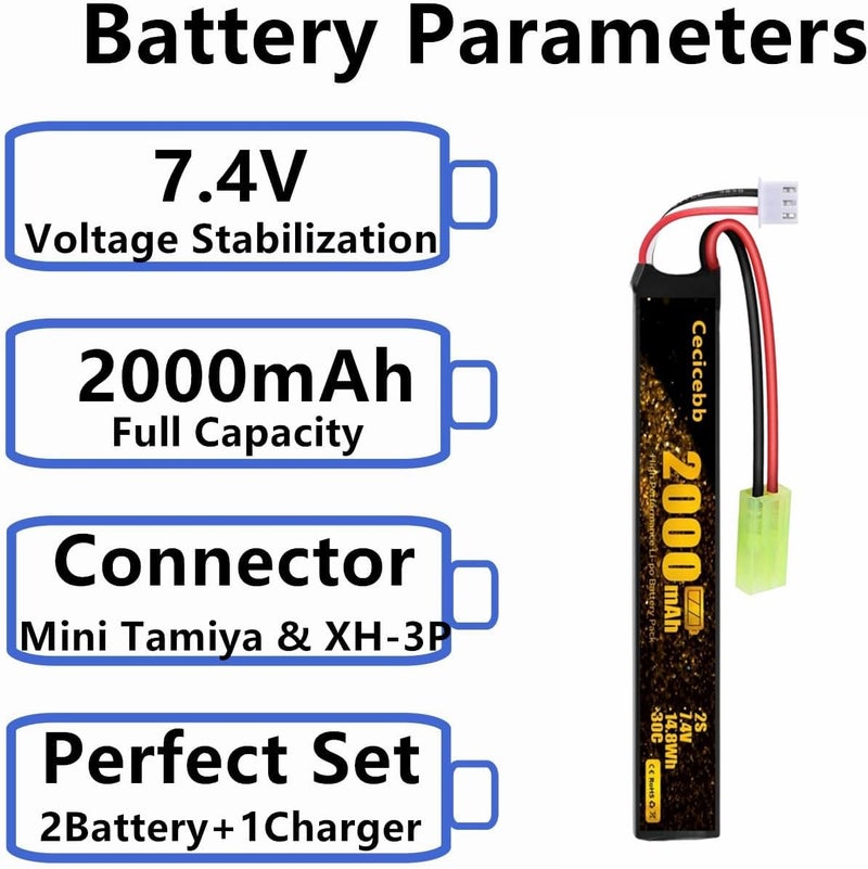 Cecicebb Airsoft Battery 7.4V 2000mAh 30C with Mini Tamiya Plug for Airsoft Model Guns Rechargeable 2S Lipo Battery 2 Pack with 7.4V USB Charger Cable - Image 3